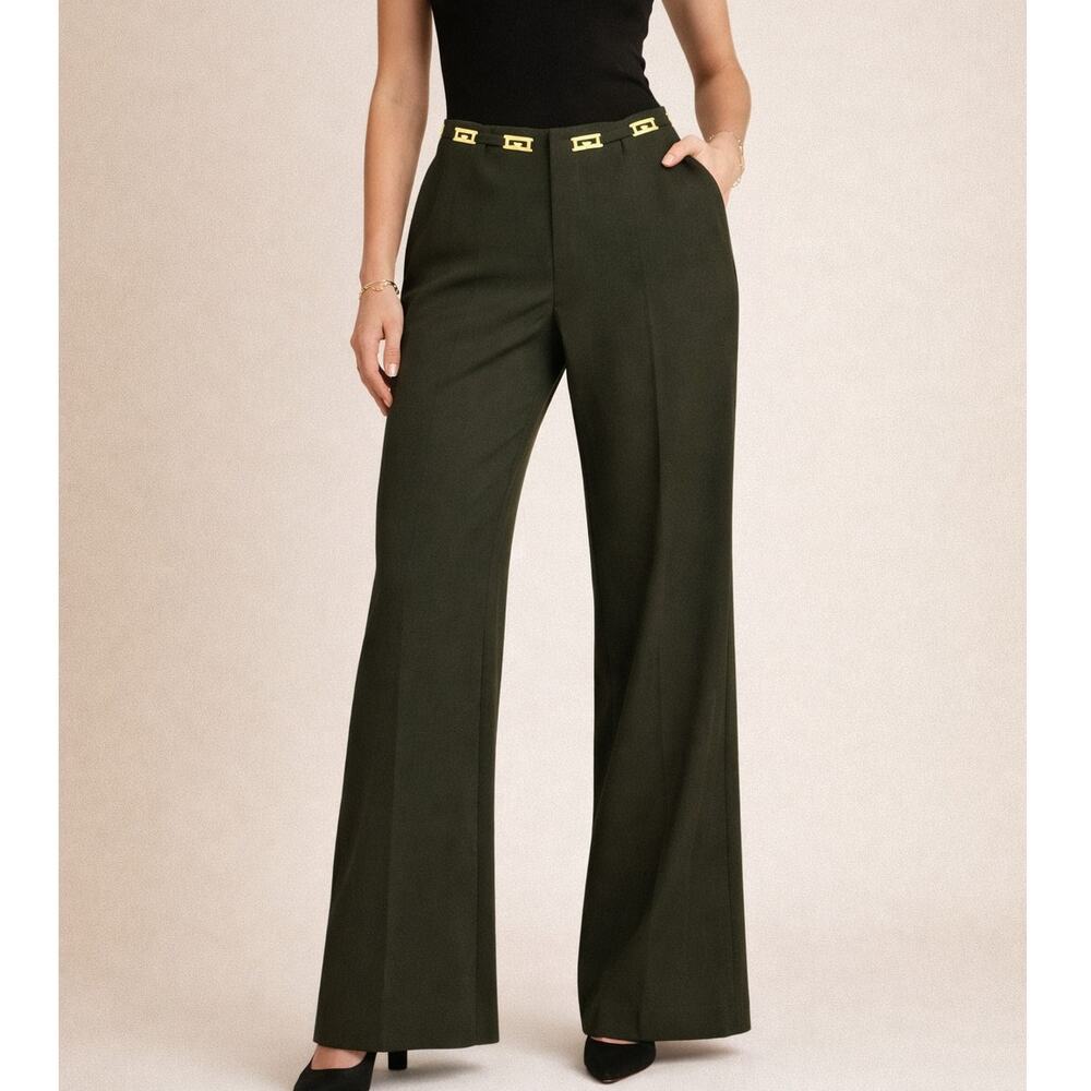 Vertigo Black High Rise Wide Leg Tailored Trousers Gold Chain Detail Chic Pants